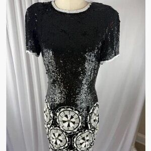 Vintage AJ Bari Women's Black & White Sequin Beaded Dress Size 6